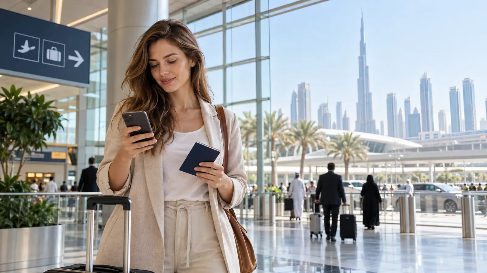 Visitatore internazionale che controlla il cellulare dopo essere arrivato a Dubai